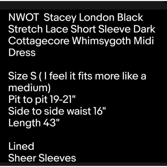 NWOT Black Stretch Lace Short Sleeve Dark Cottagecore Whimsygoth Midi Dress S/M - Picture 7 of 7